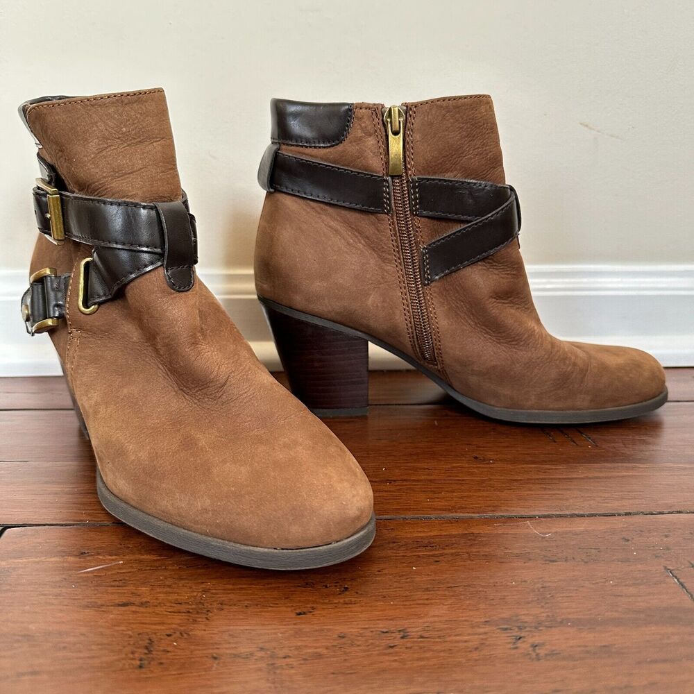 Franco Sarto DELIGHT Brown Leather Suede Boot Strap Buckle Ankle Booties 7.5M